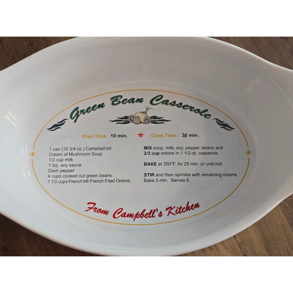 2005 Campbells Green Bean Casserole Ceramic Baking Dish w/Recipe Handles